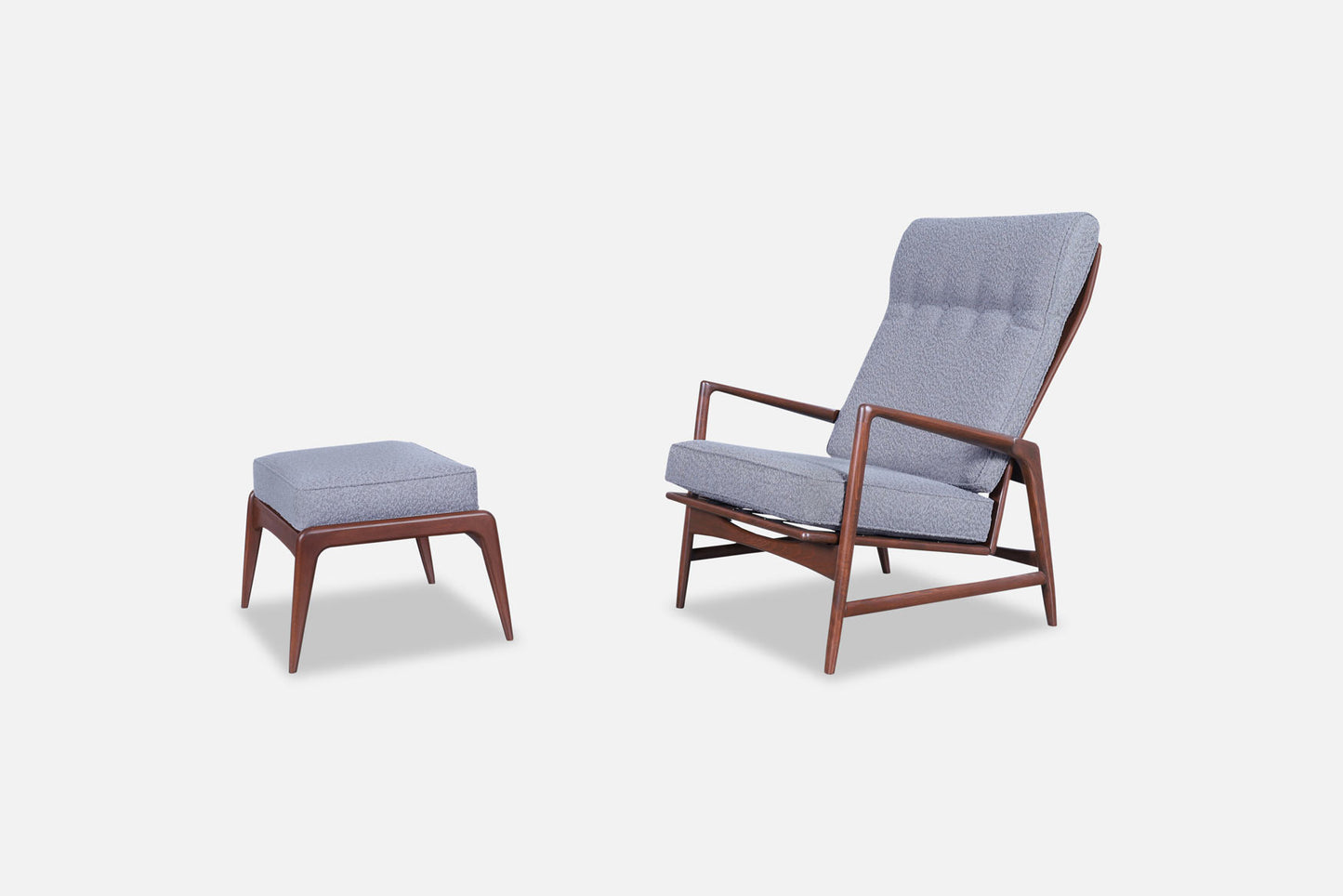 Danish Modern Walnut Reclining Lounge Chair and Ottoman by Ib Kofod Larsen