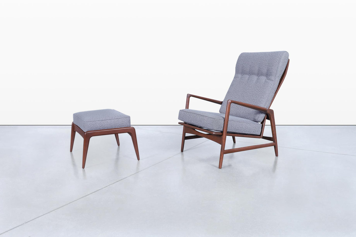 Danish Modern Walnut Reclining Lounge Chair and Ottoman by Ib Kofod Larsen