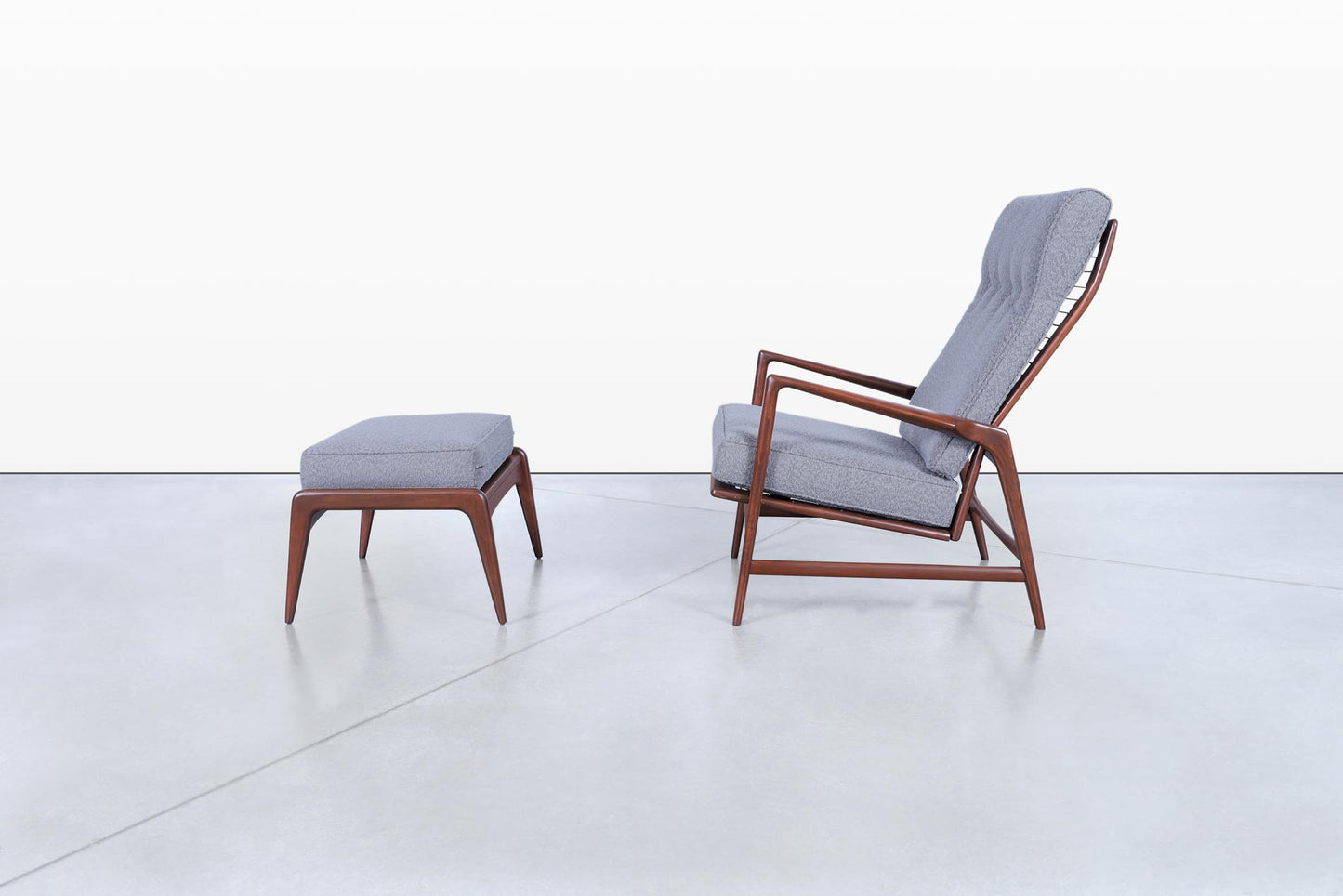 Danish Modern Walnut Reclining Lounge Chair and Ottoman by Ib Kofod Larsen