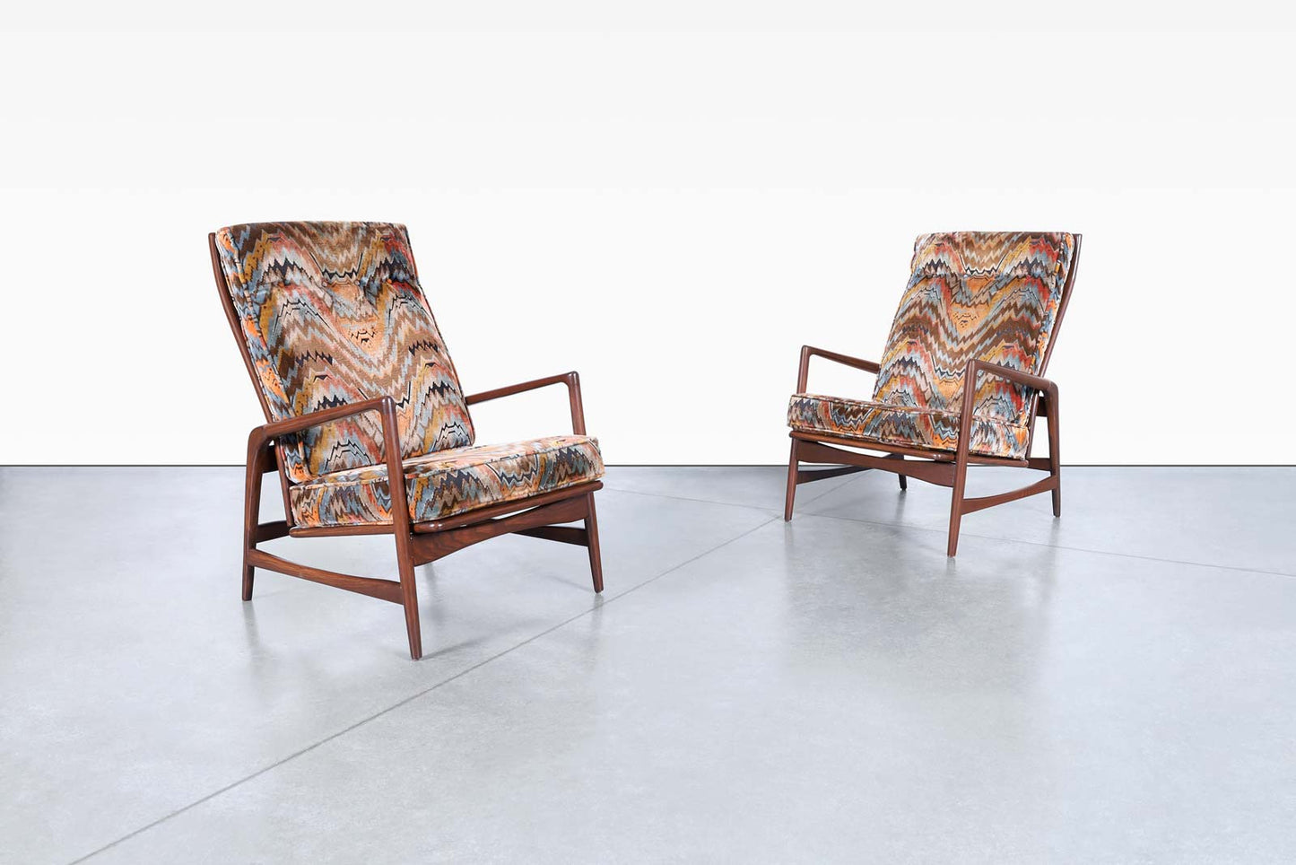 Danish Walnut Reclining Lounge Chairs and Ottoman by Ib Kofod Larsen