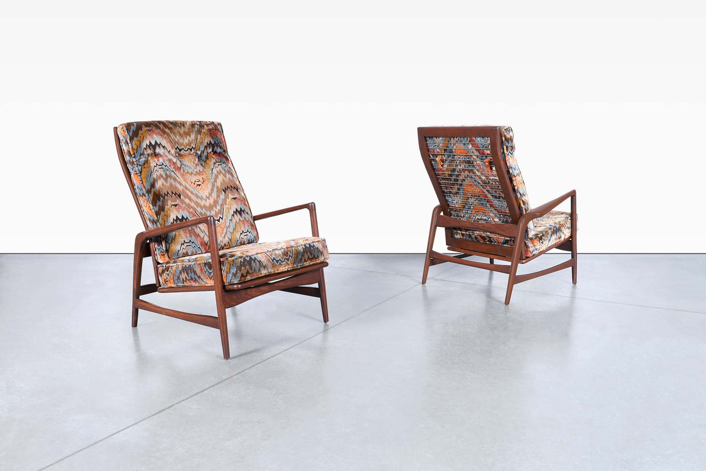 Danish Walnut Reclining Lounge Chairs and Ottoman by Ib Kofod Larsen