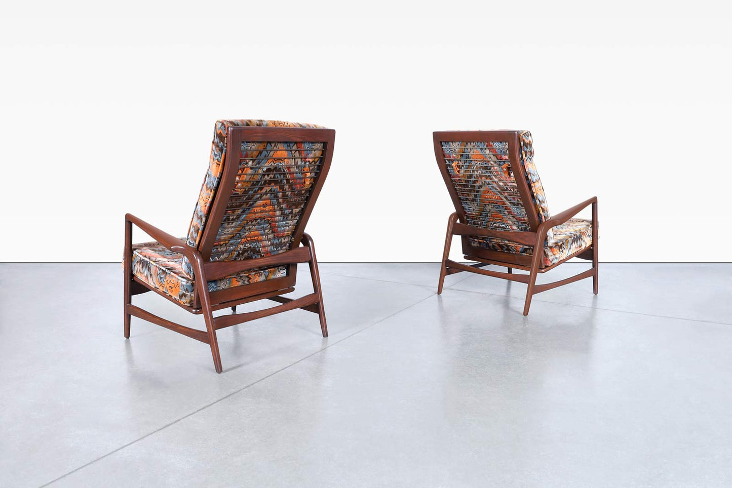 Danish Walnut Reclining Lounge Chairs and Ottoman by Ib Kofod Larsen