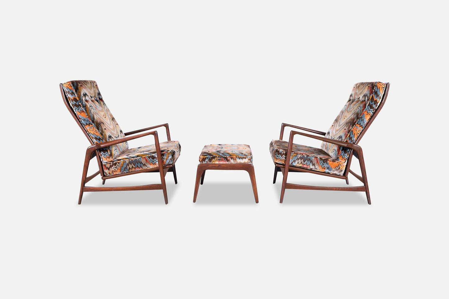 Danish Walnut Reclining Lounge Chairs and Ottoman by Ib Kofod Larsen