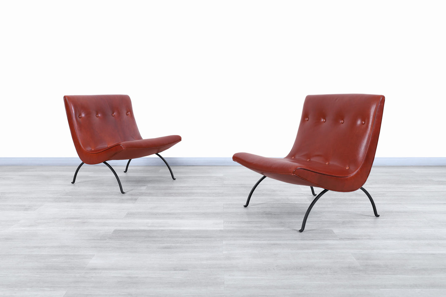 Early Leather and Iron "Scoop" Lounge Chairs by Milo Baughman
