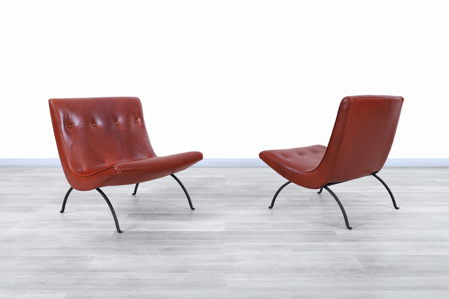 Mid-Century Leather and Iron "Scoop" Lounge Chairs by Milo Baughman