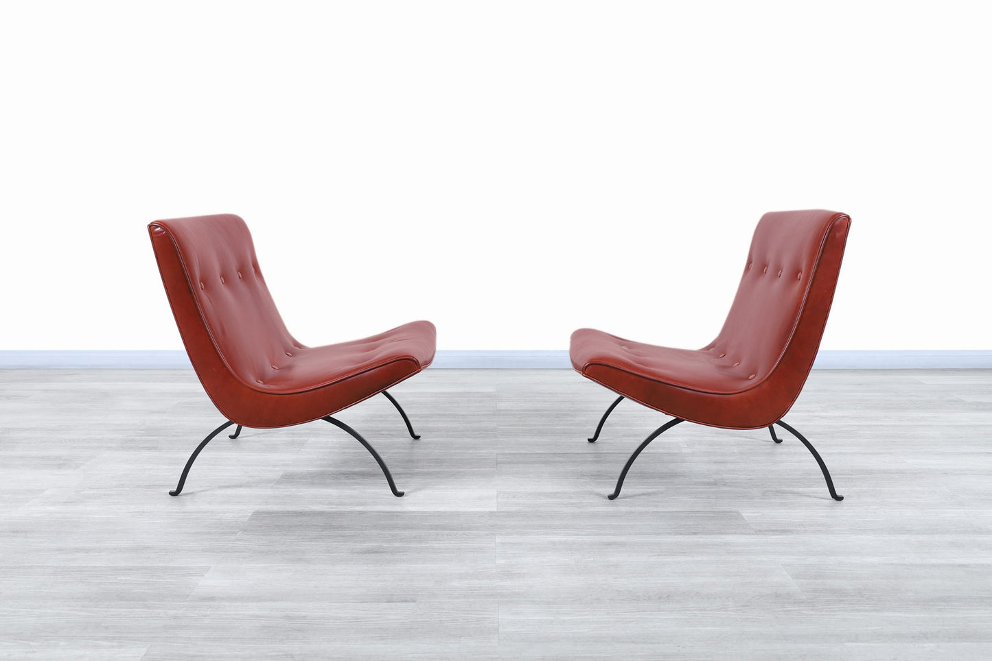 Mid-Century Leather and Iron "Scoop" Lounge Chairs by Milo Baughman