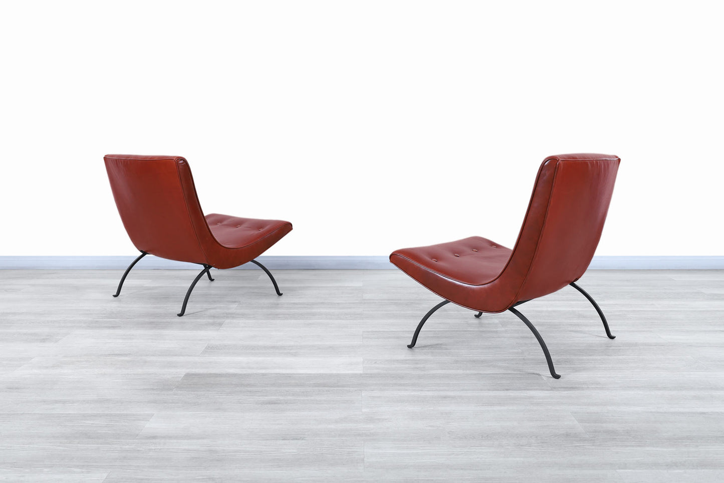 Early Leather and Iron "Scoop" Lounge Chairs by Milo Baughman