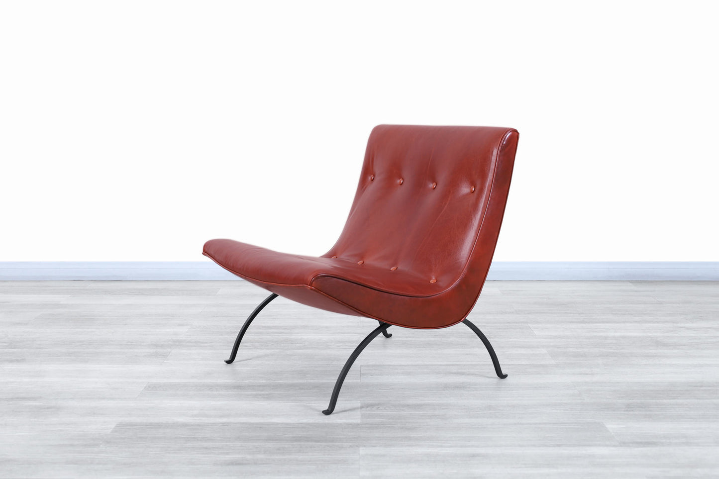 Mid-Century Leather and Iron "Scoop" Lounge Chairs by Milo Baughman