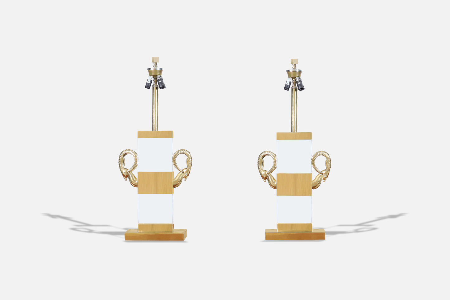 Italian Lucite and Brass Ram’s Head Table Lamps