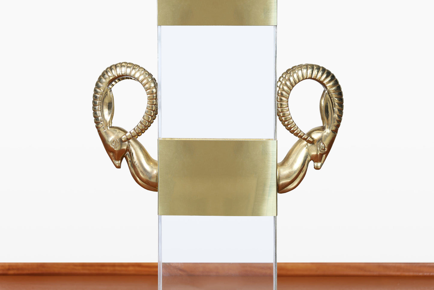 Italian Lucite and Brass Ram’s Head Table Lamps