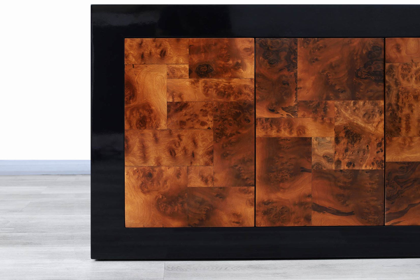 Mid-Century Burl Wood and Black Lacquered Credenza by Directional
