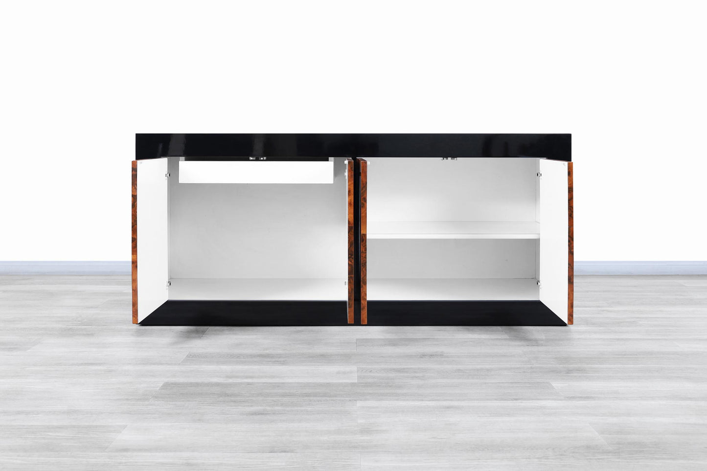 Mid-Century Burl Wood and Black Lacquered Credenza by Directional