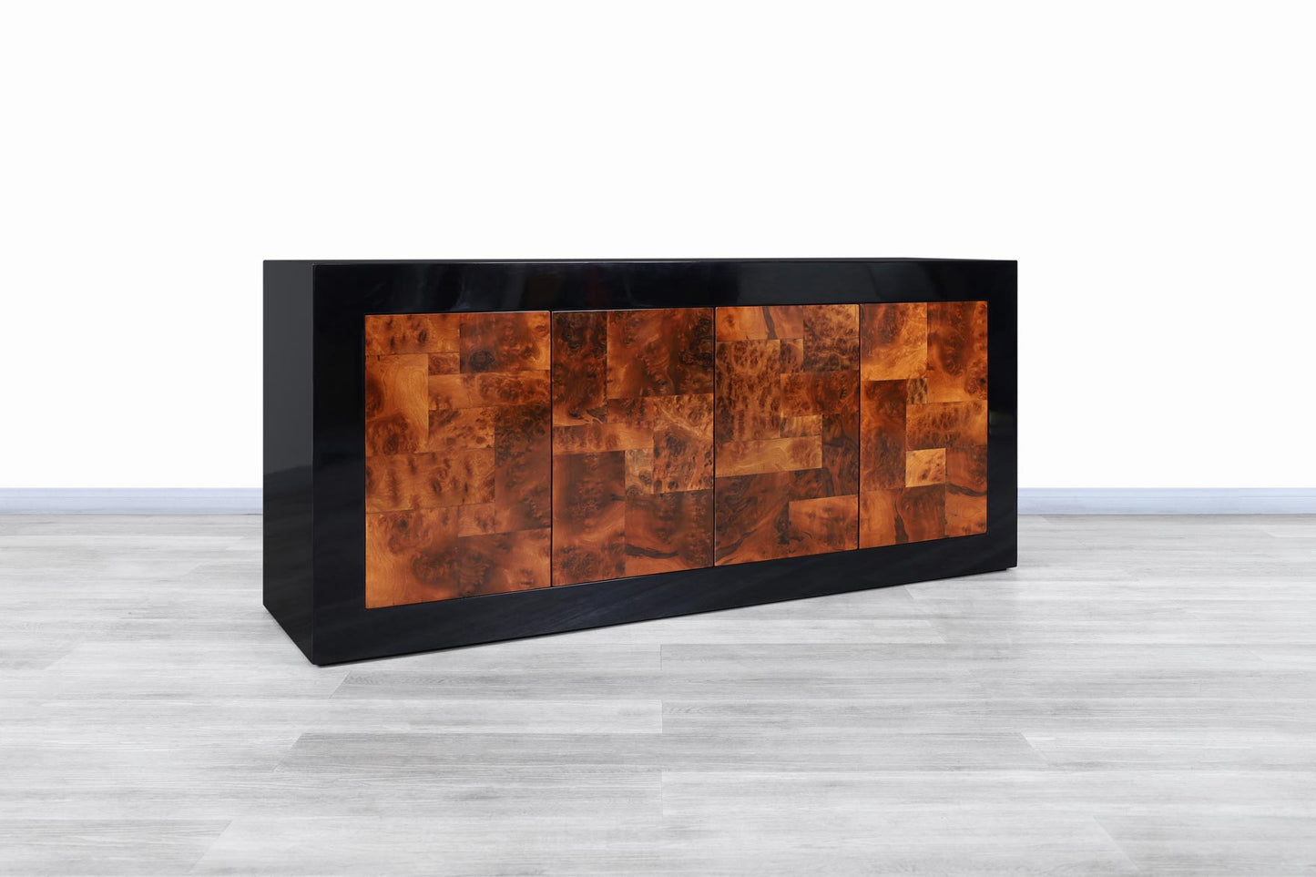Mid-Century Burl Wood and Black Lacquered Credenza by Directional