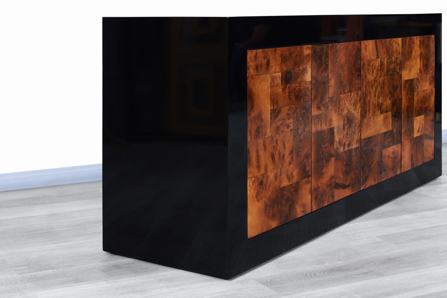 Mid-Century Burl Wood and Black Lacquered Credenza by Directional