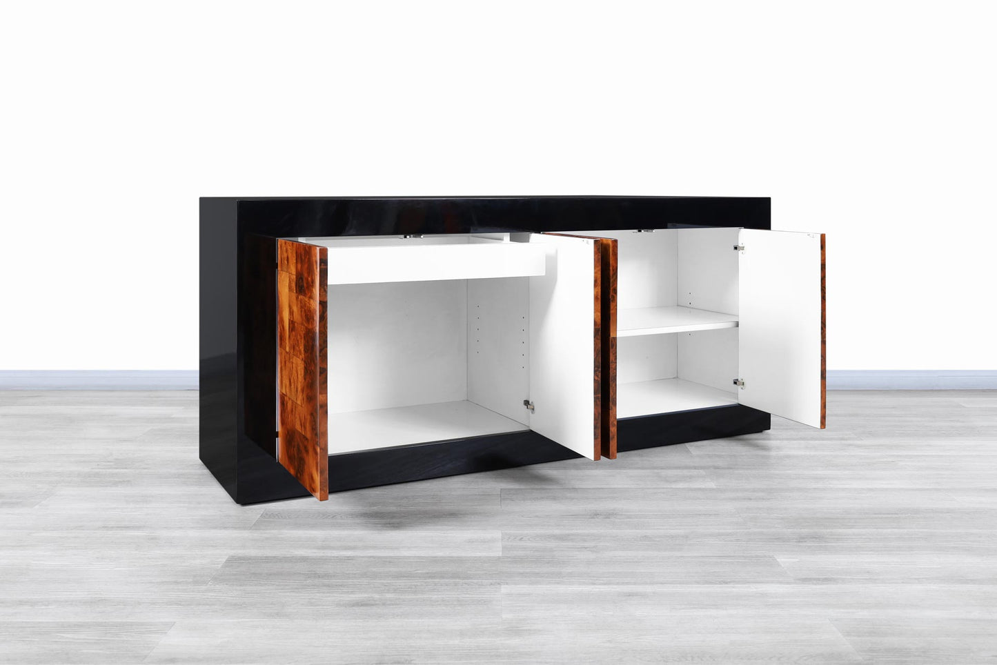 Mid-Century Burl Wood and Black Lacquered Credenza by Directional