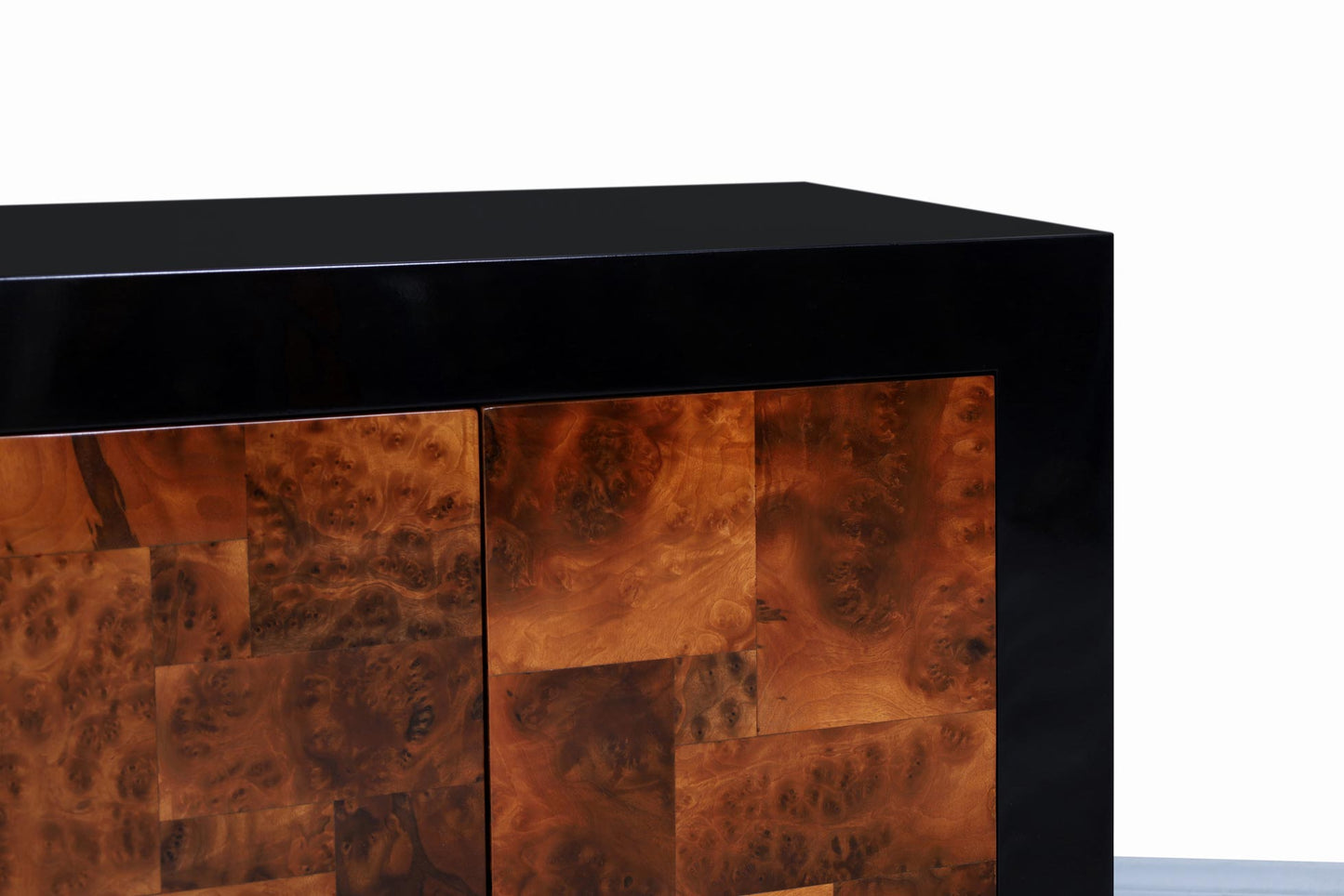 Mid-Century Burl Wood and Black Lacquered Credenza by Directional