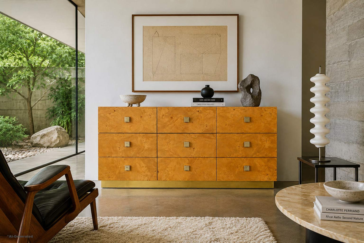 Mid-Century Modern Burl Wood and Brass Dresser by Founders for Thomasville