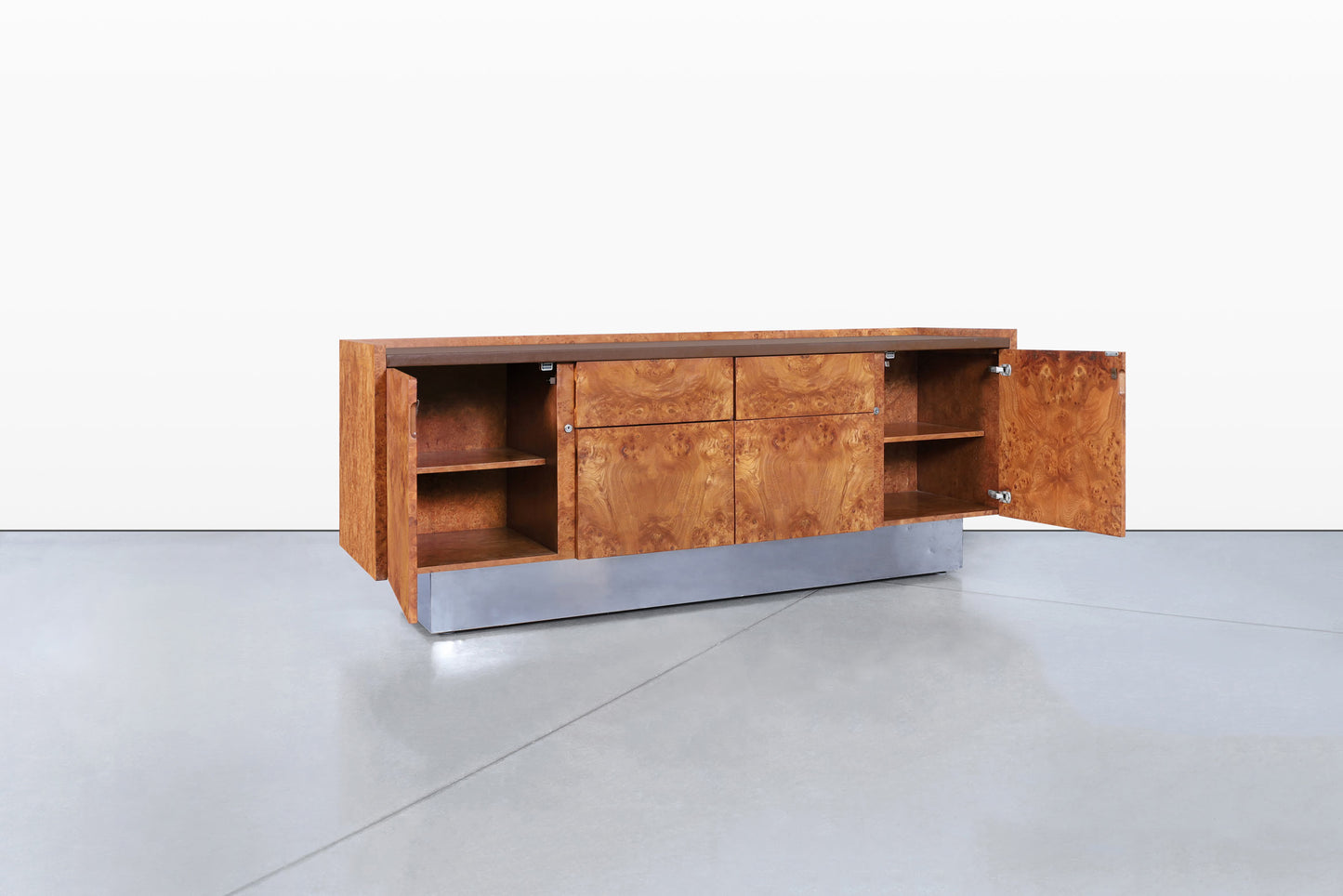 Mid-Century Modern Burl Wood and Chrome Credenza by Biltrite