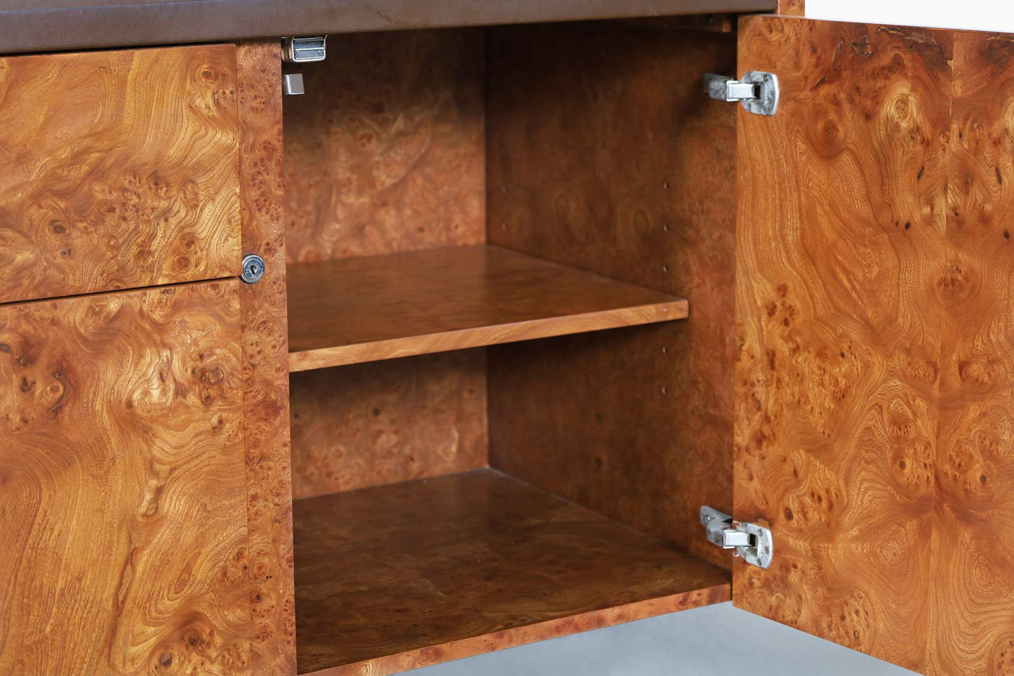 Mid-Century Modern Burl Wood and Chrome Credenza by Biltrite