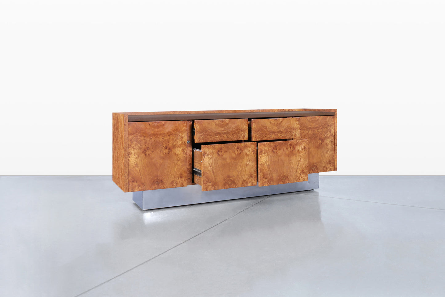 Mid-Century Modern Burl Wood and Chrome Credenza by Biltrite