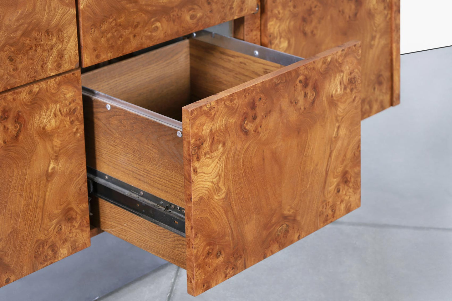 Mid-Century Modern Burl Wood and Chrome Credenza by Biltrite