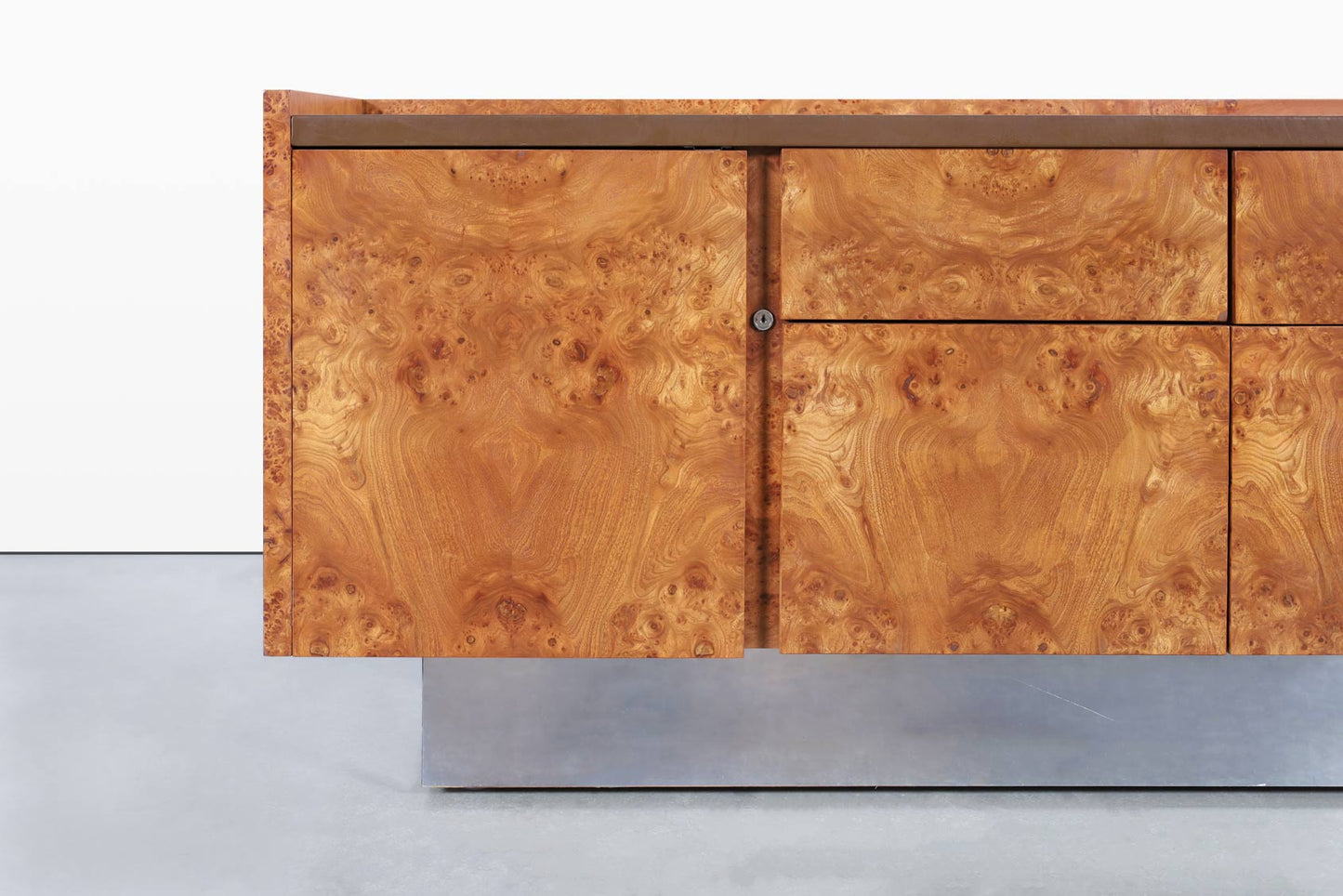 Mid-Century Modern Burl Wood and Chrome Credenza by Biltrite