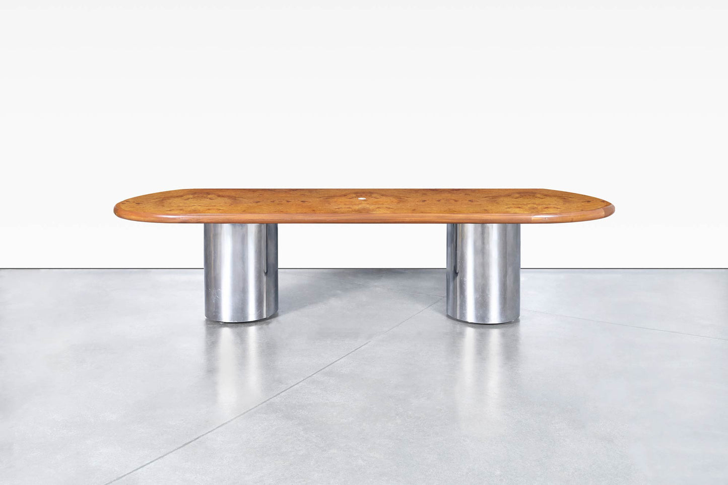 Mid-Century Burl Wood and Chrome Oval Dining Table or Conference Table