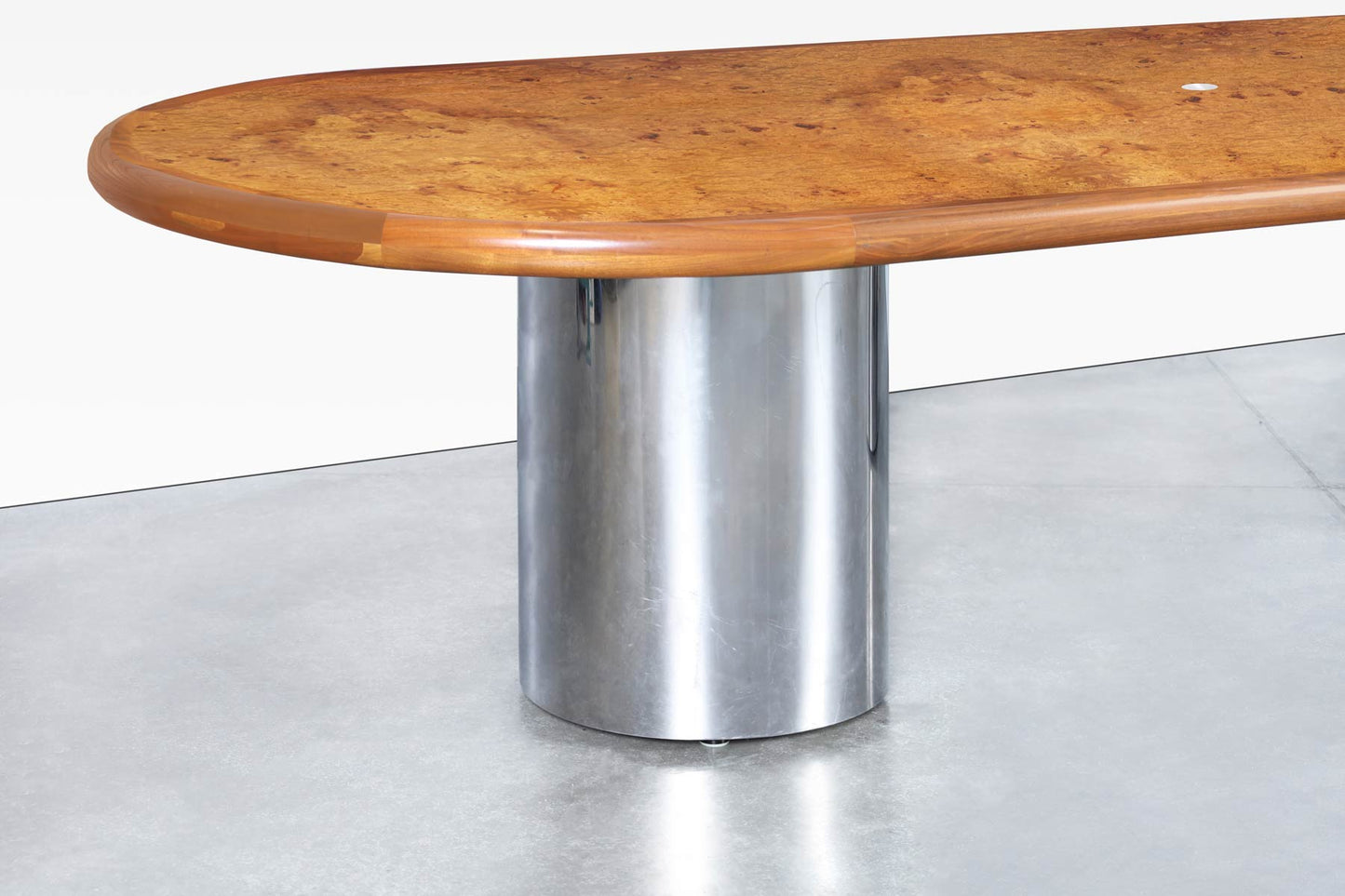 Mid-Century Burl Wood and Chrome Oval Dining Table or Conference Table