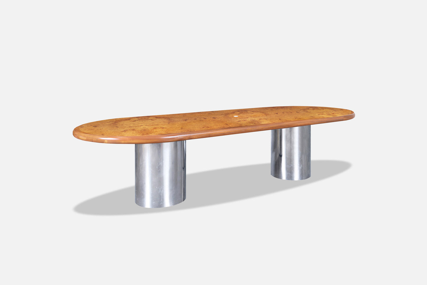 Mid-Century Burl Wood and Chrome Oval Dining Table or Conference Table