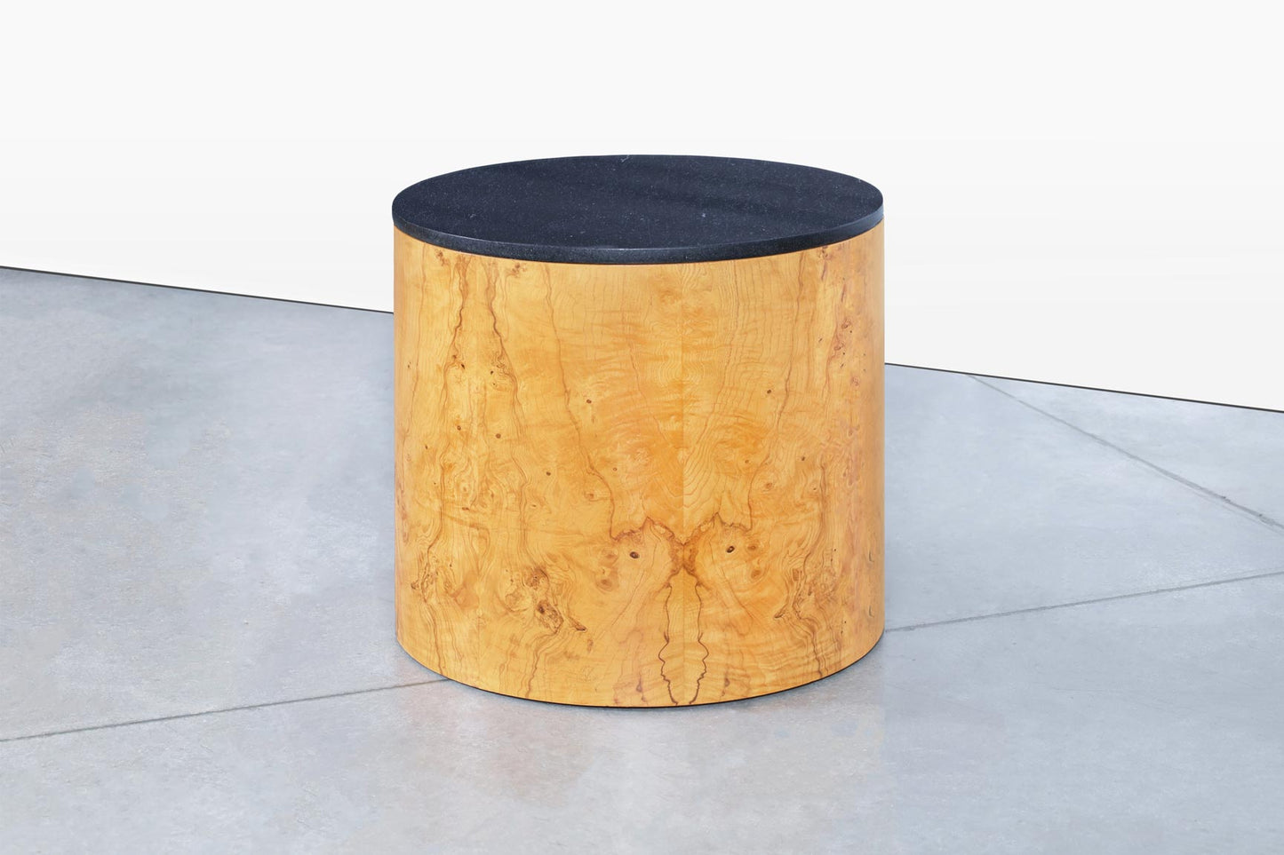 Mid-Century Modern Burl Wood and Granite "Drum" Side Table by Paul Mayen
