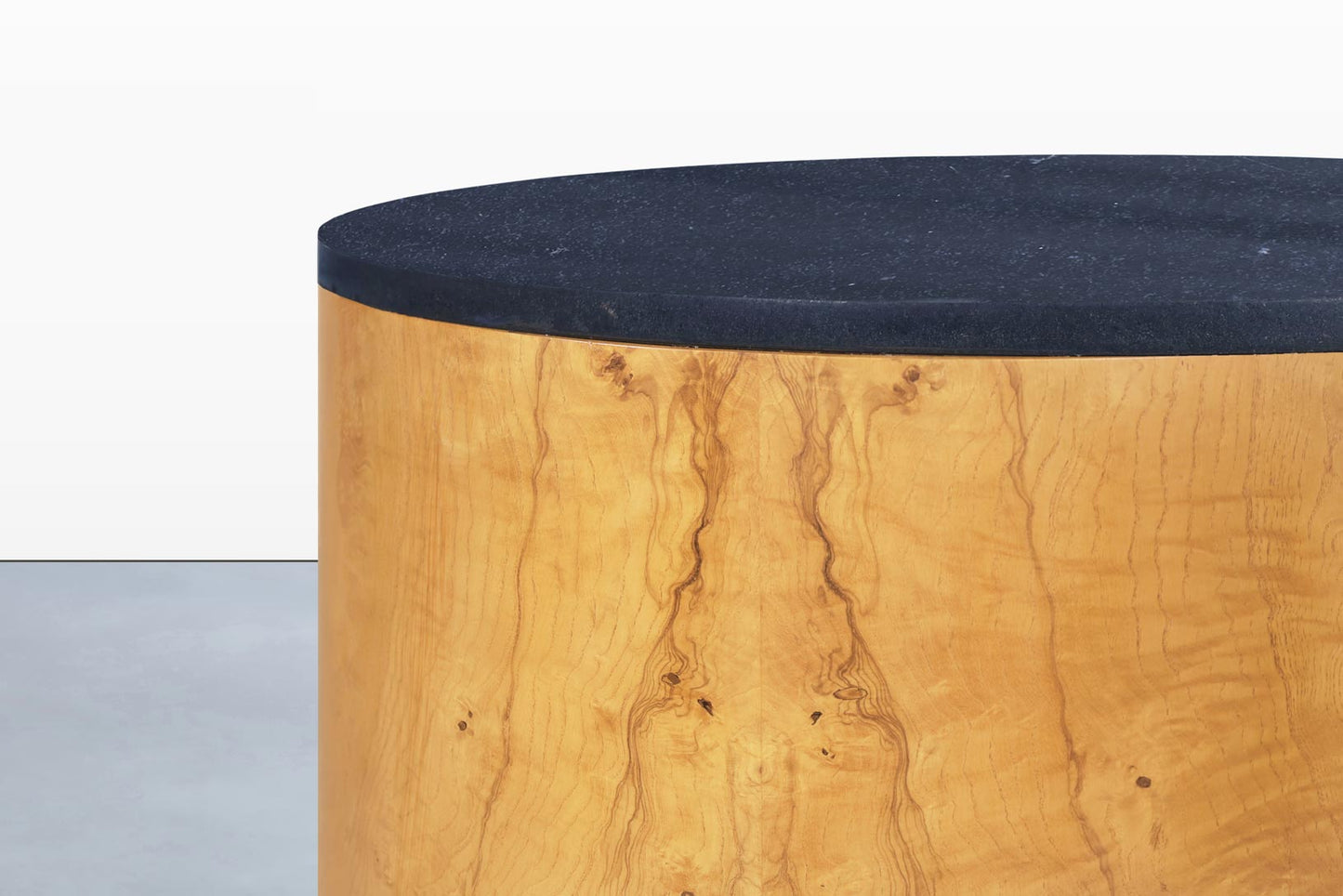 Mid-Century Modern Burl Wood and Granite "Drum" Side Table by Paul Mayen