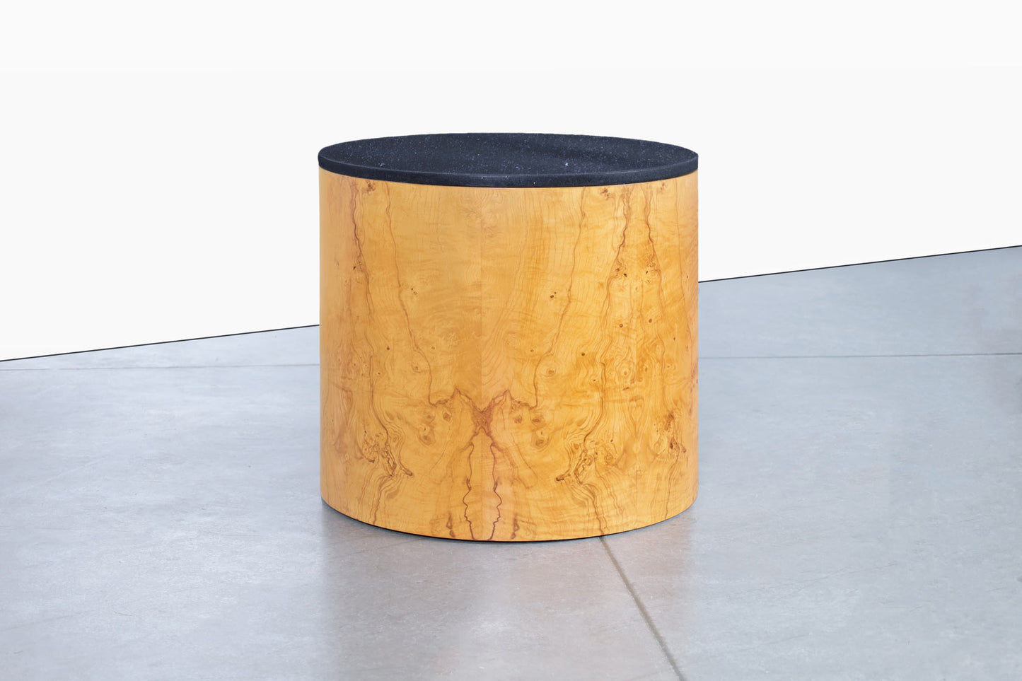 Mid-Century Modern Burl Wood and Granite "Drum" Side Table by Paul Mayen