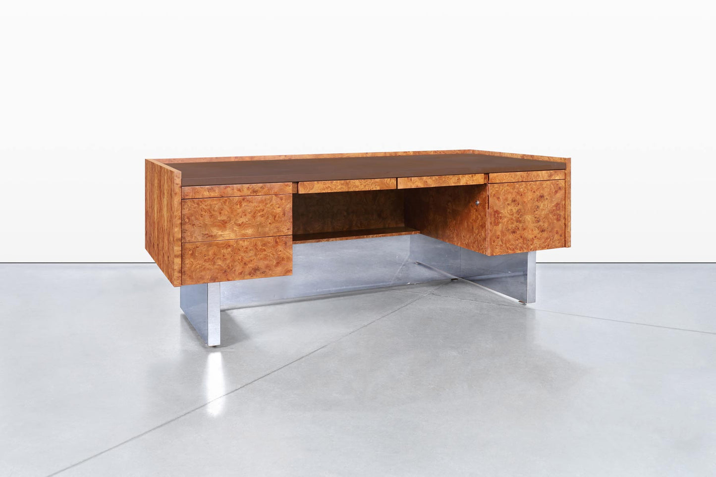 Mid-Century Modern Executive Burl Wood and Chrome Desk