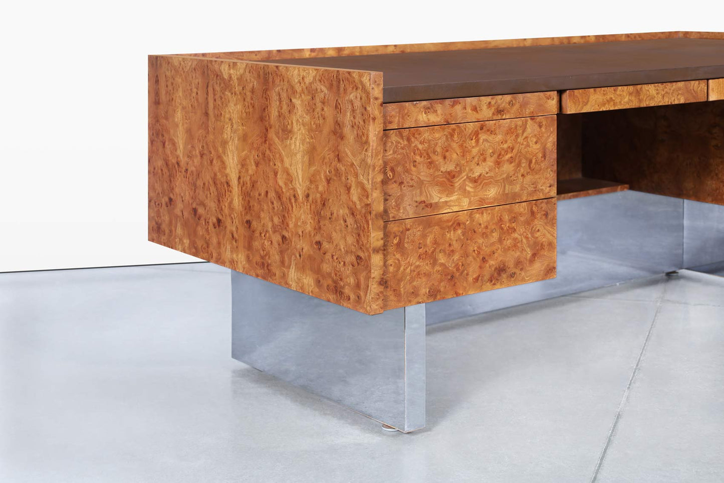 Mid-Century Modern Executive Burl Wood and Chrome Desk