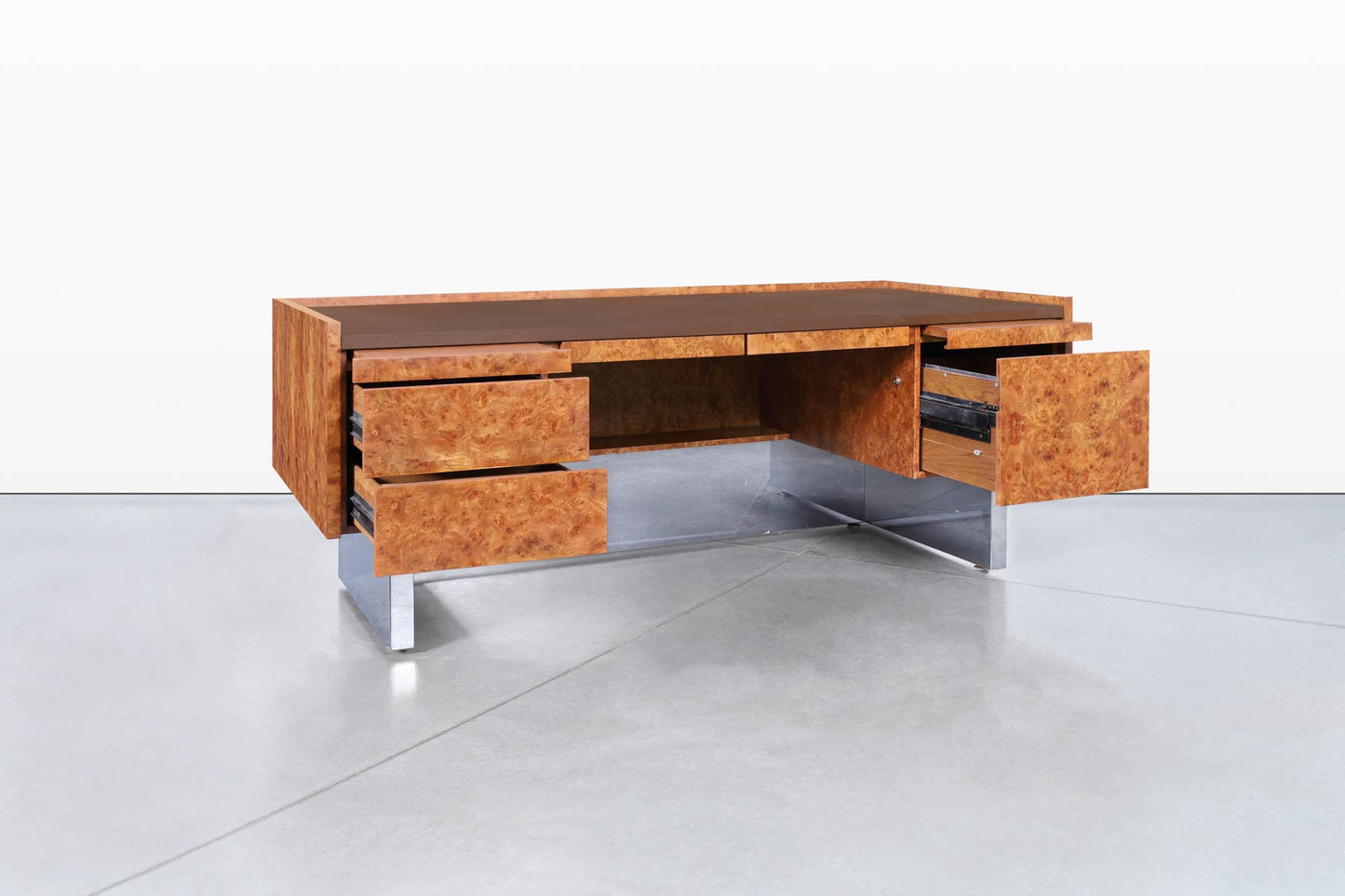 Mid-Century Modern Executive Burl Wood and Chrome Desk