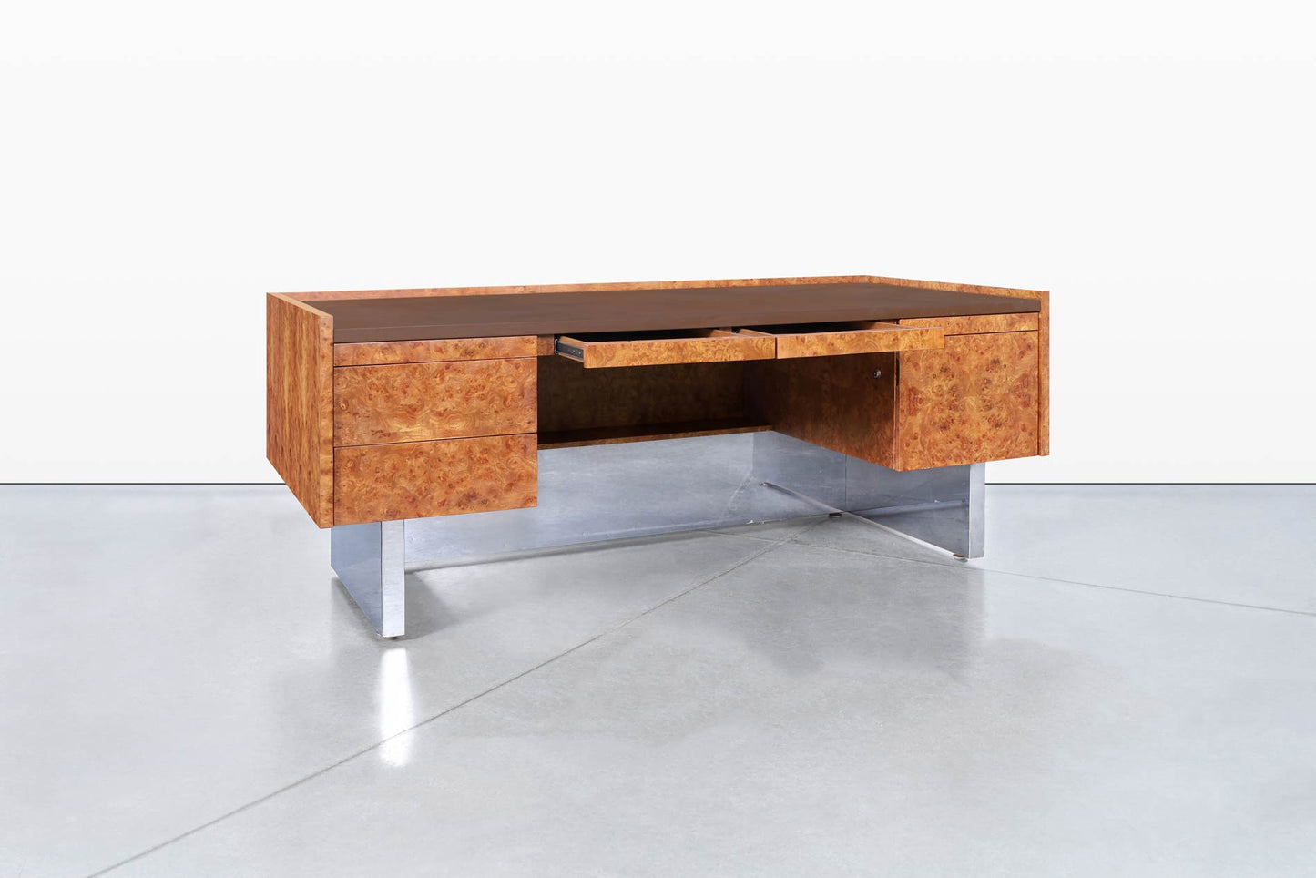 Mid-Century Modern Executive Burl Wood and Chrome Desk