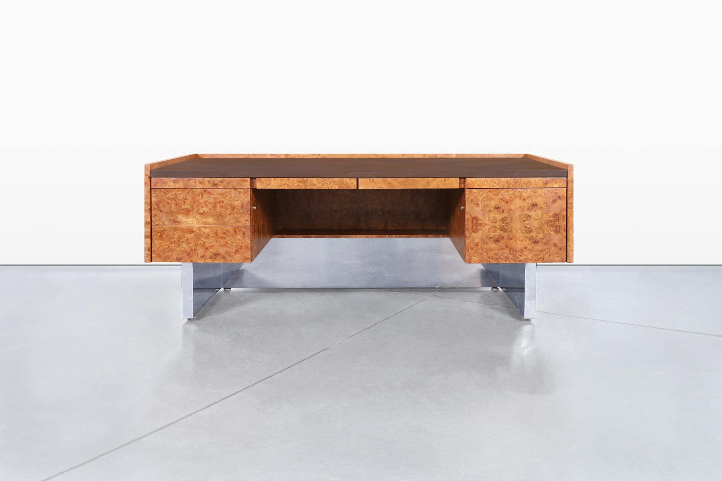 Mid-Century Modern Executive Burl Wood and Chrome Desk