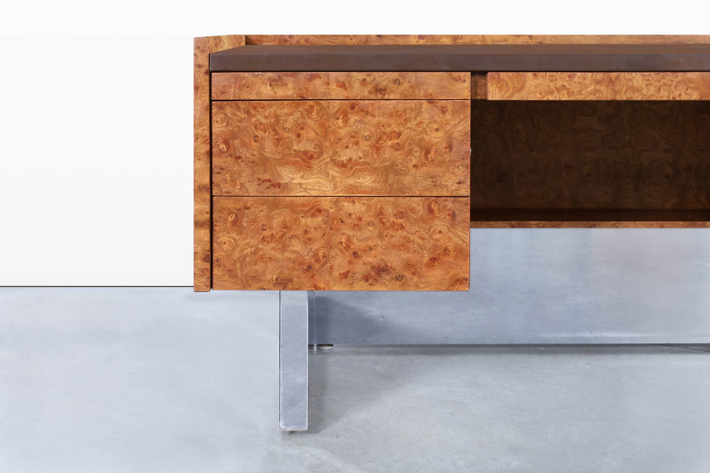 Mid-Century Modern Executive Burl Wood and Chrome Desk