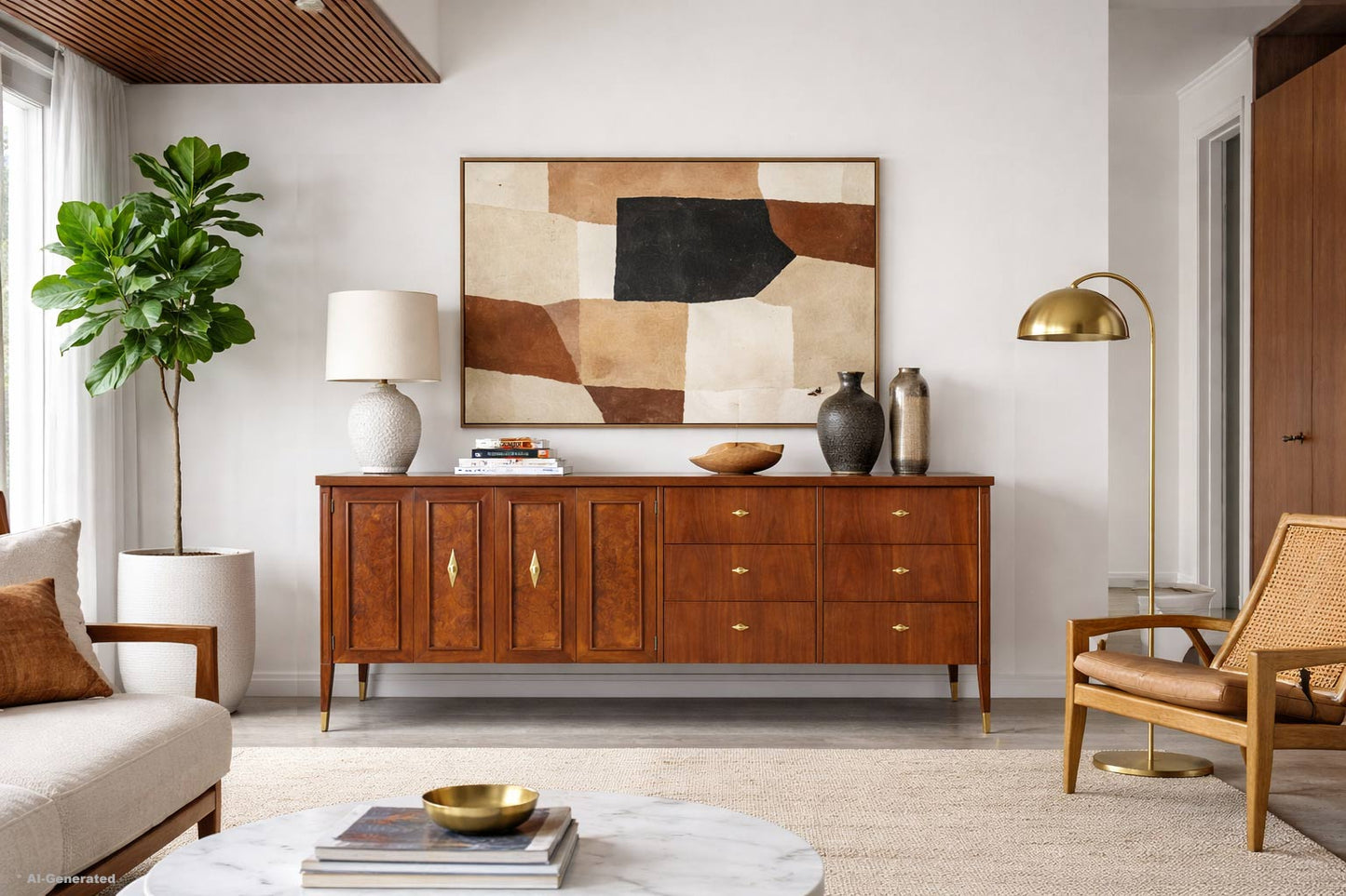 Mid-Century Modern Walnut and Burl Wood Curved Front Credenza