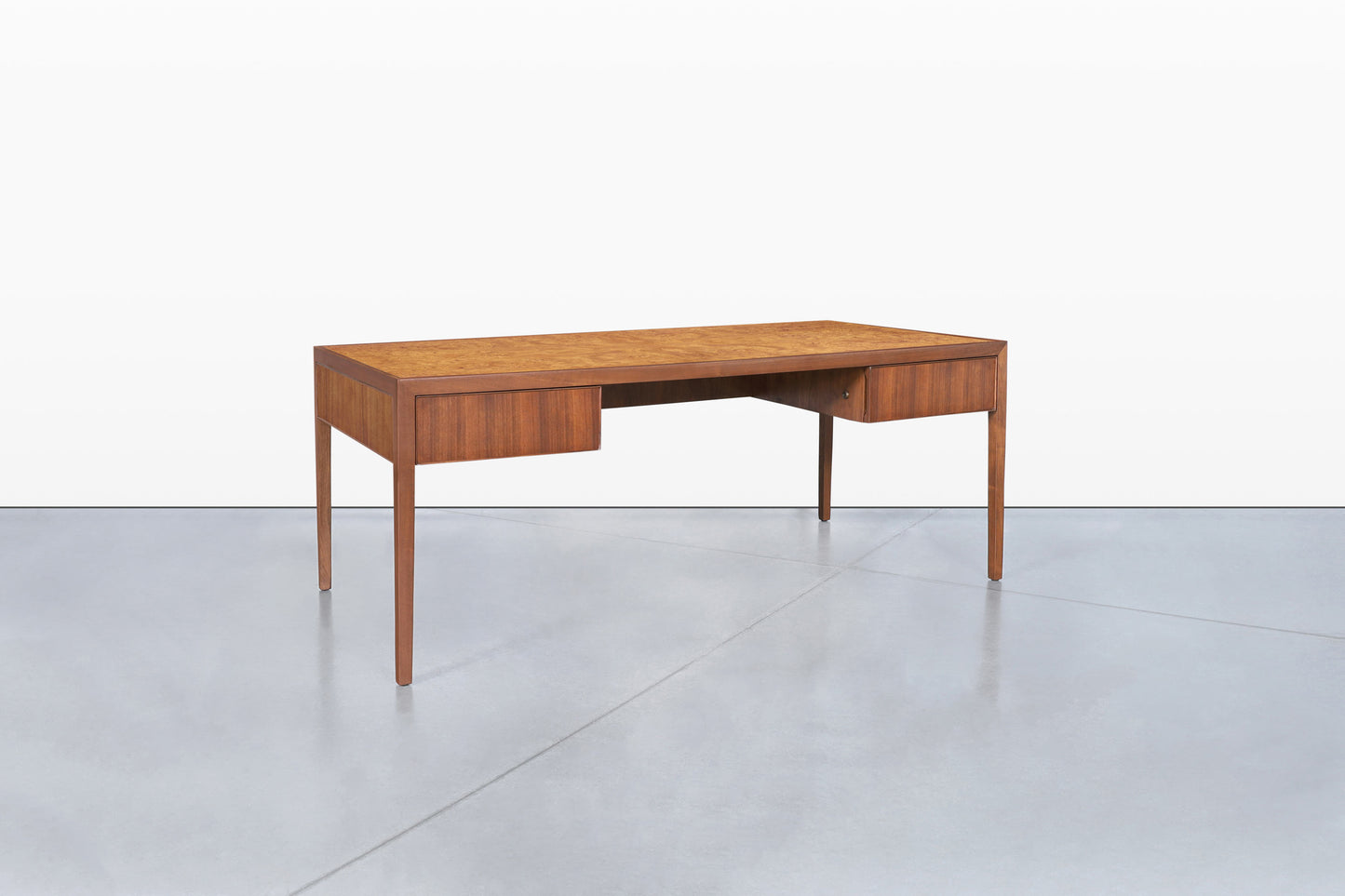 Mid-Century Walnut and Burl Wood Executive Desk by Stow Davis