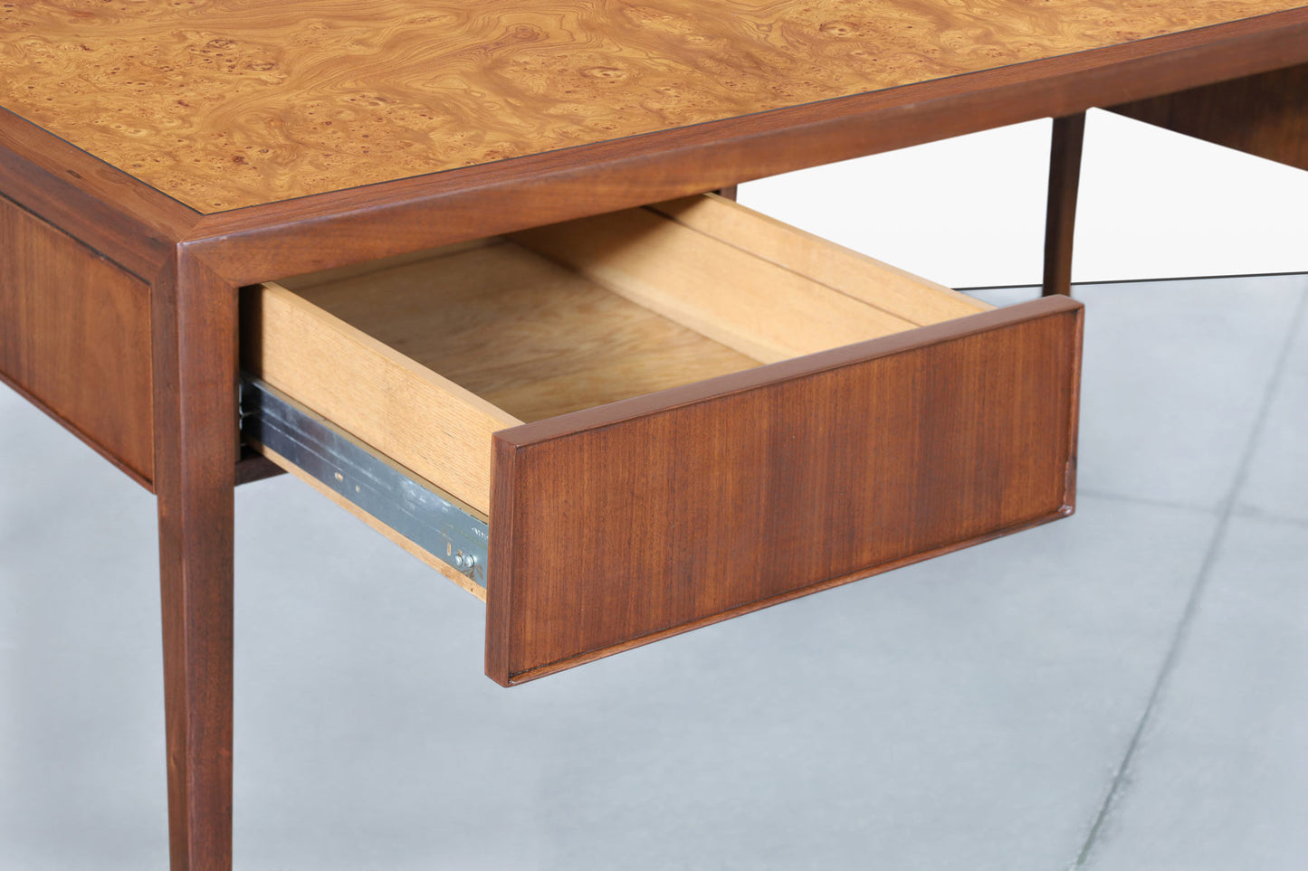 Mid-Century Walnut and Burl Wood Executive Desk by Stow Davis
