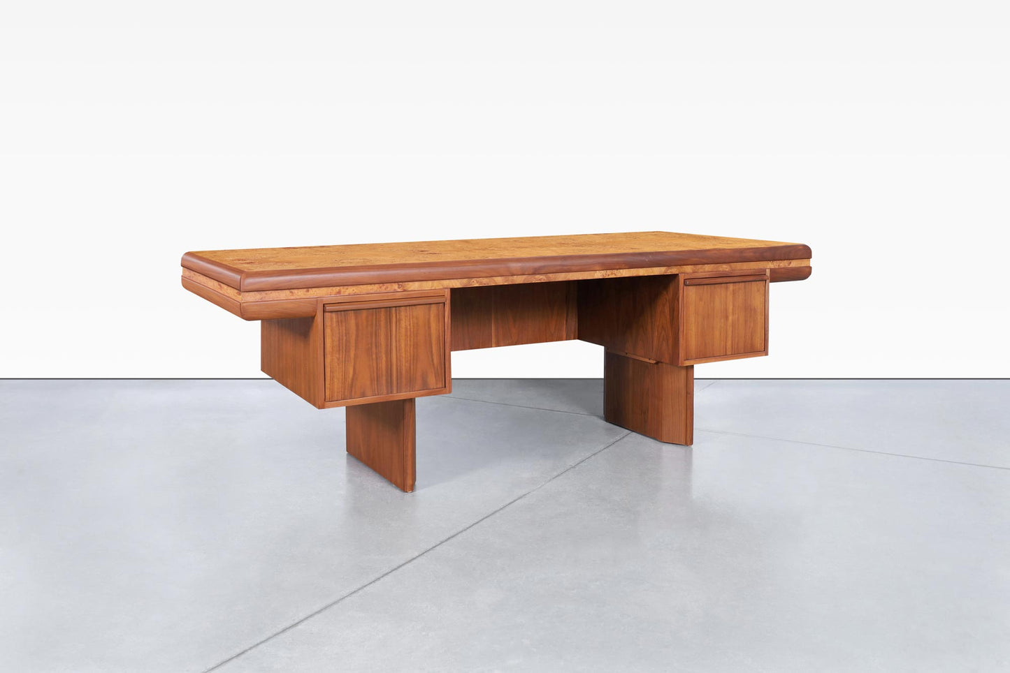 Mid-Century Modern Executive Burl Wood and Walnut Desk