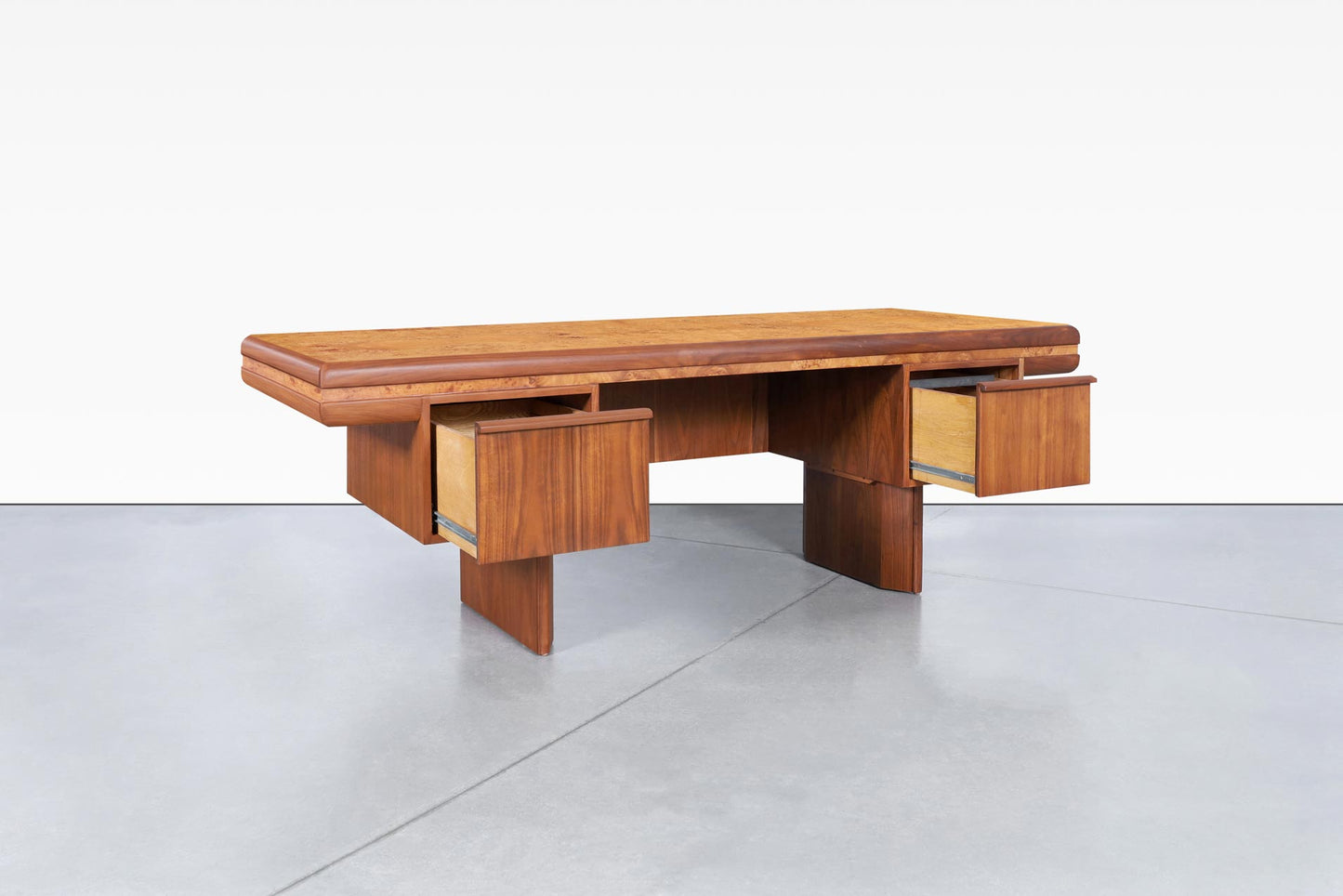 Mid-Century Modern Executive Burl Wood and Walnut Desk