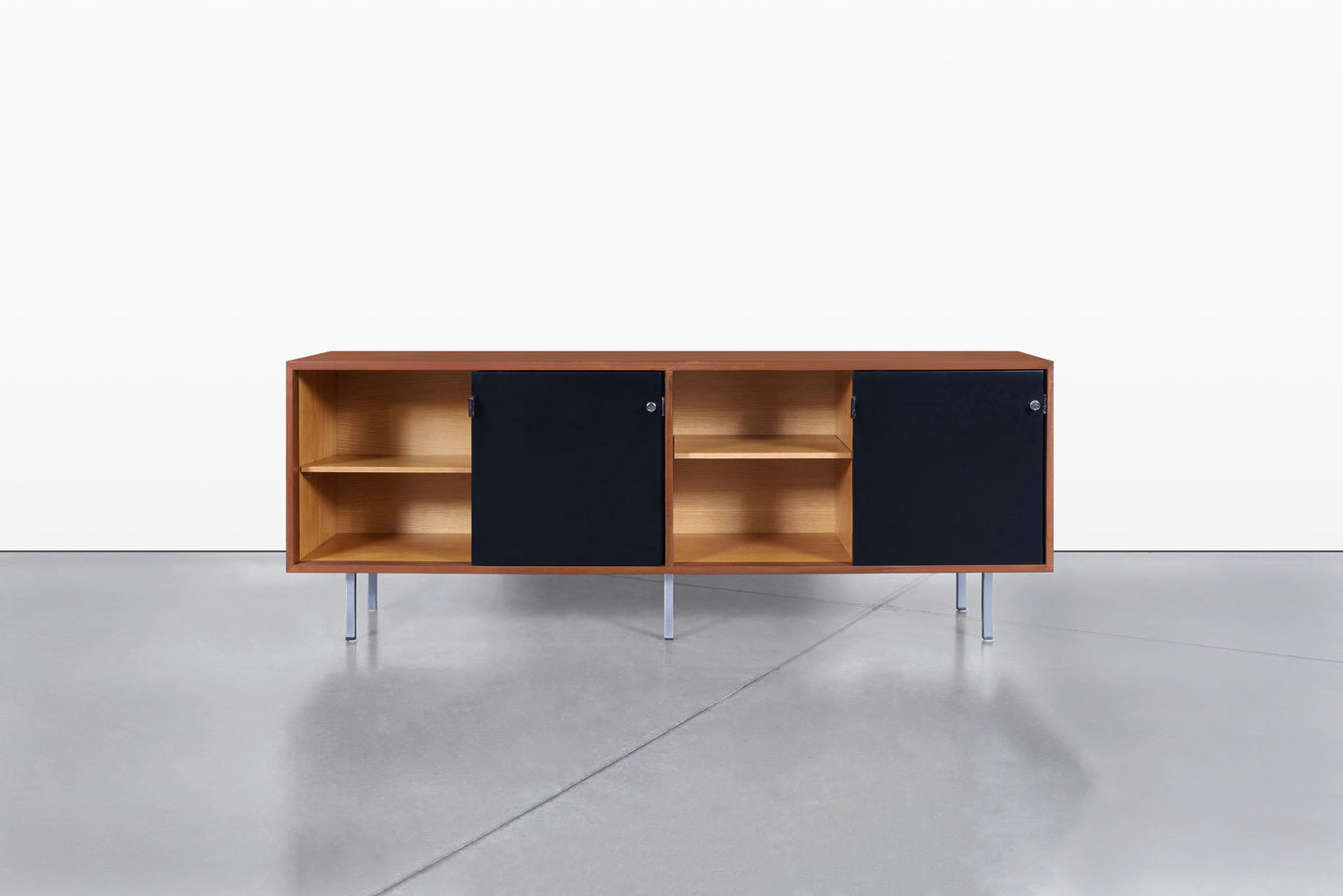 Mid-Century Modern Walnut and Black Lacquer Credenza by Florence Knoll