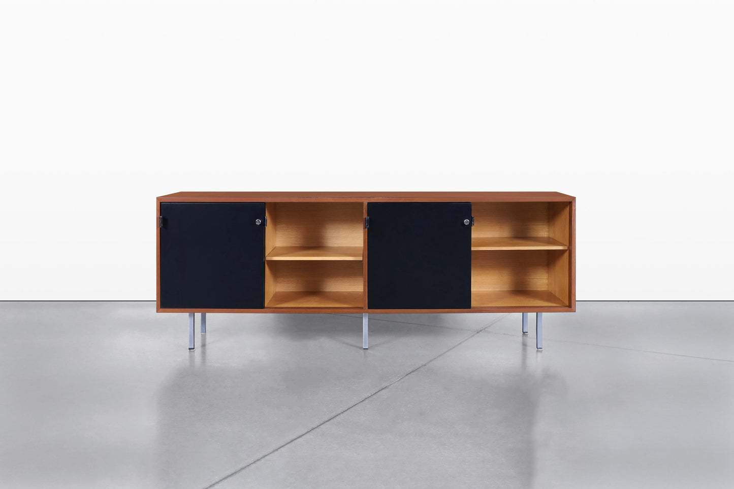 Mid-Century Modern Walnut and Black Lacquer Credenza by Florence Knoll