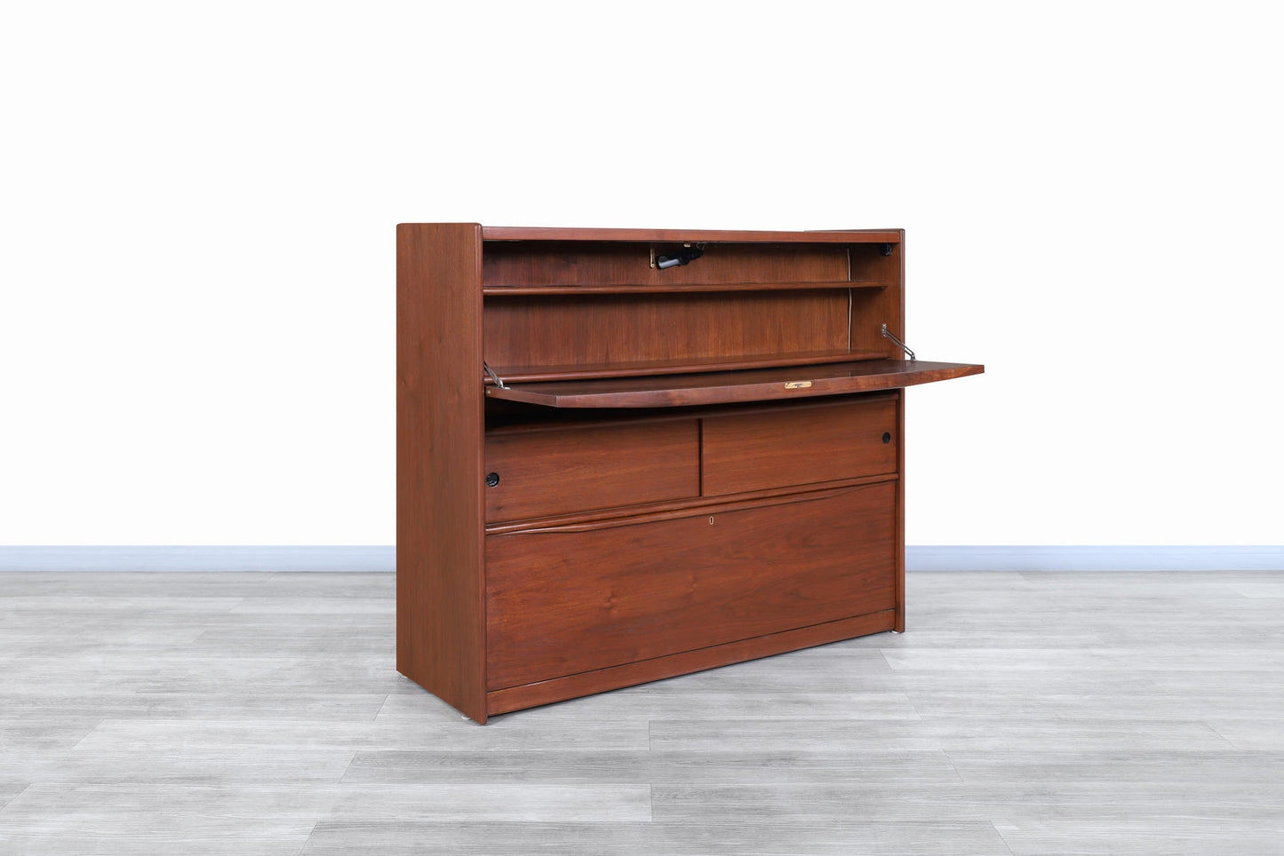 Mid-Century Modern Walnut Drop-Front Dry Bar Cabinet with Shelving