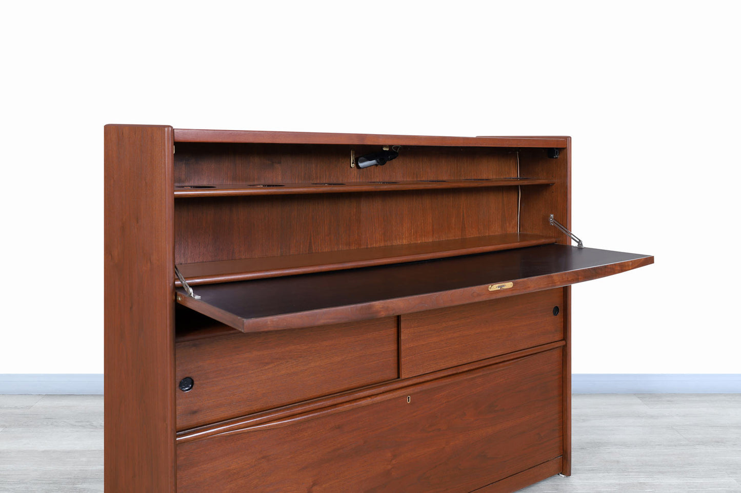 Mid-Century Modern Walnut Drop-Front Dry Bar Cabinet with Shelving