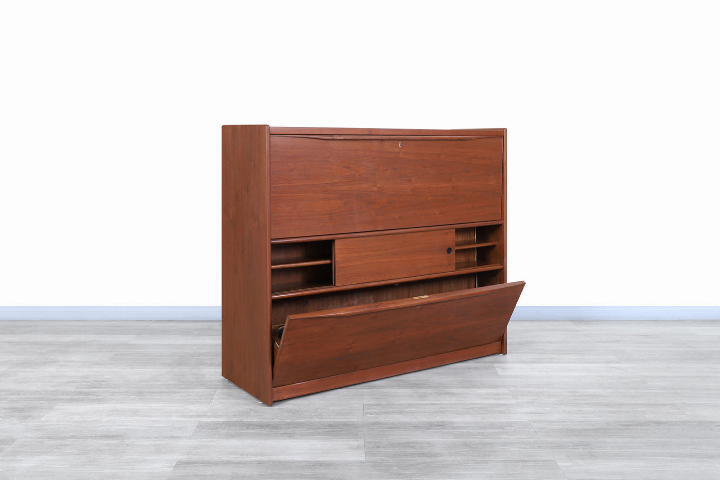 Mid-Century Modern Walnut Drop-Front Dry Bar Cabinet with Shelving
