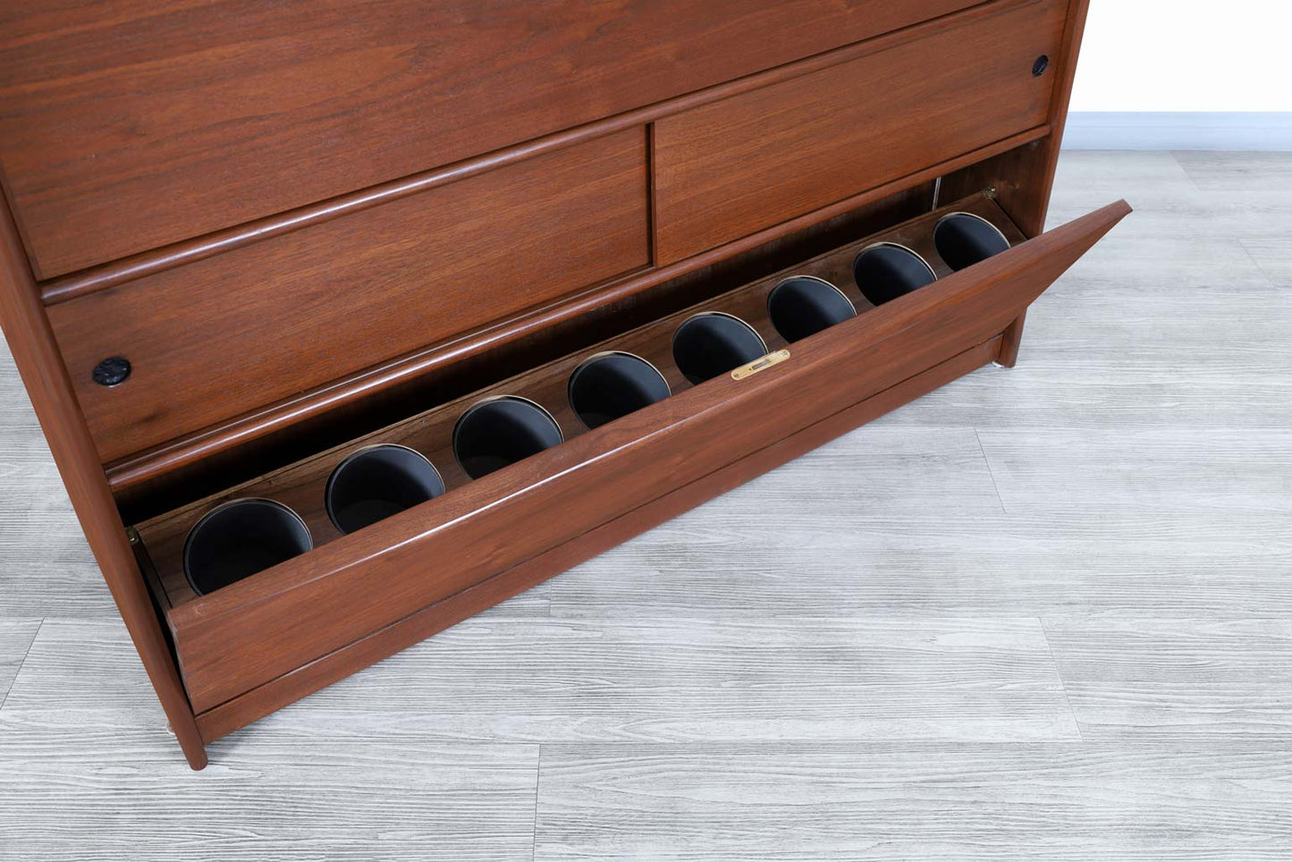 Mid-Century Modern Walnut Drop-Front Dry Bar Cabinet with Shelving