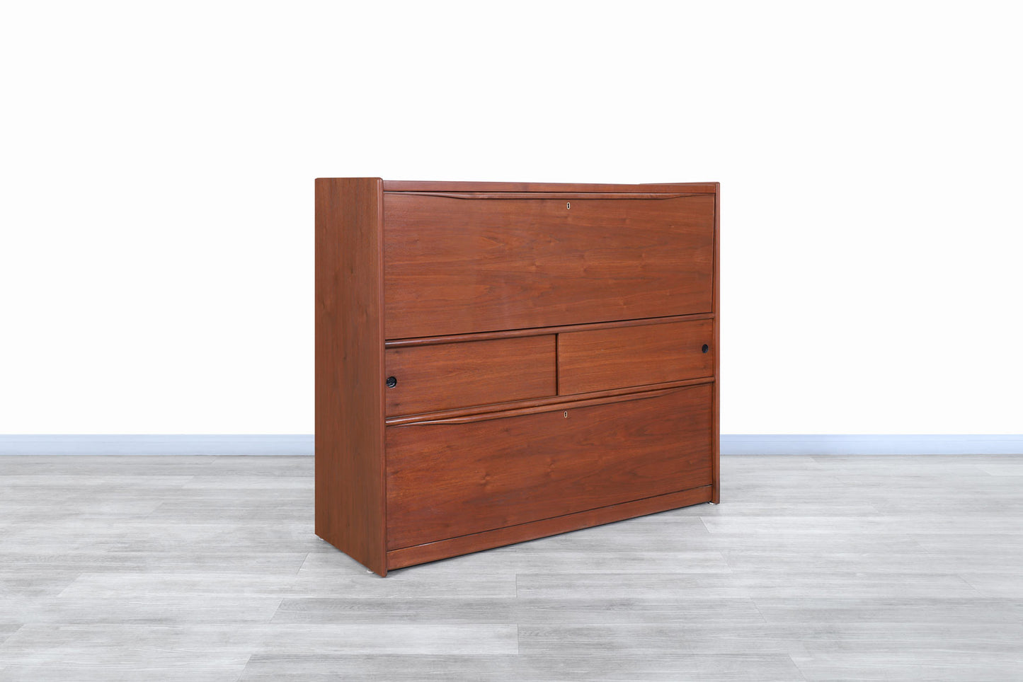 Mid-Century Modern Walnut Drop-Front Dry Bar Cabinet with Shelving